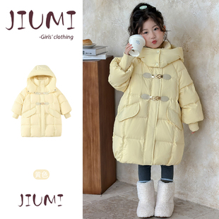 简约保暖棉袄 纯色连帽加厚棉服女宝宝加厚牛角扣韩版 女童冬季 长款
