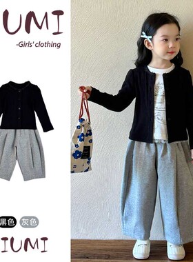 女童春季新款韩版套装女宝宝花边领针织开衫灰色宽松卫裤休闲套装