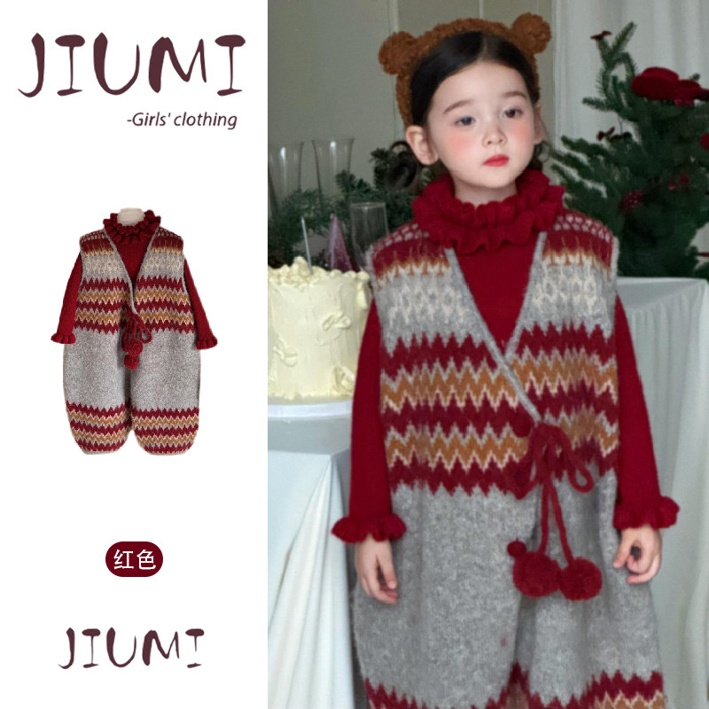 女童韩版费尔岛风针织套装宝宝毛线背带裤毛衣加厚保暖喜庆两件套