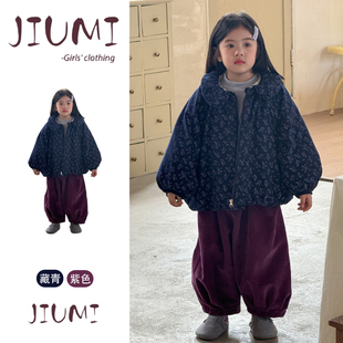 女童冬季韩版甜美可爱套装女宝宝碎花加厚保暖棉服加绒灯笼裤套装