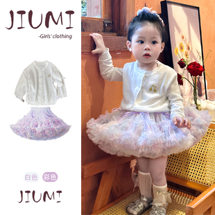 女童春秋韩版休闲套装宝宝樱桃针织开衫外搭防晒蝴蝶结凸凸裙套装