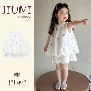 女童夏季韩版背心裙套装宝宝纯白色无袖星星凉爽舒适假两件连衣裙