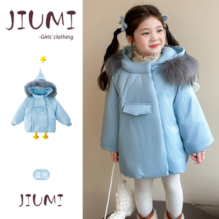 女童冬季卡通企鹅羽绒棉连帽加厚保暖棉衣拜拜毛领精灵帽可爱棉服