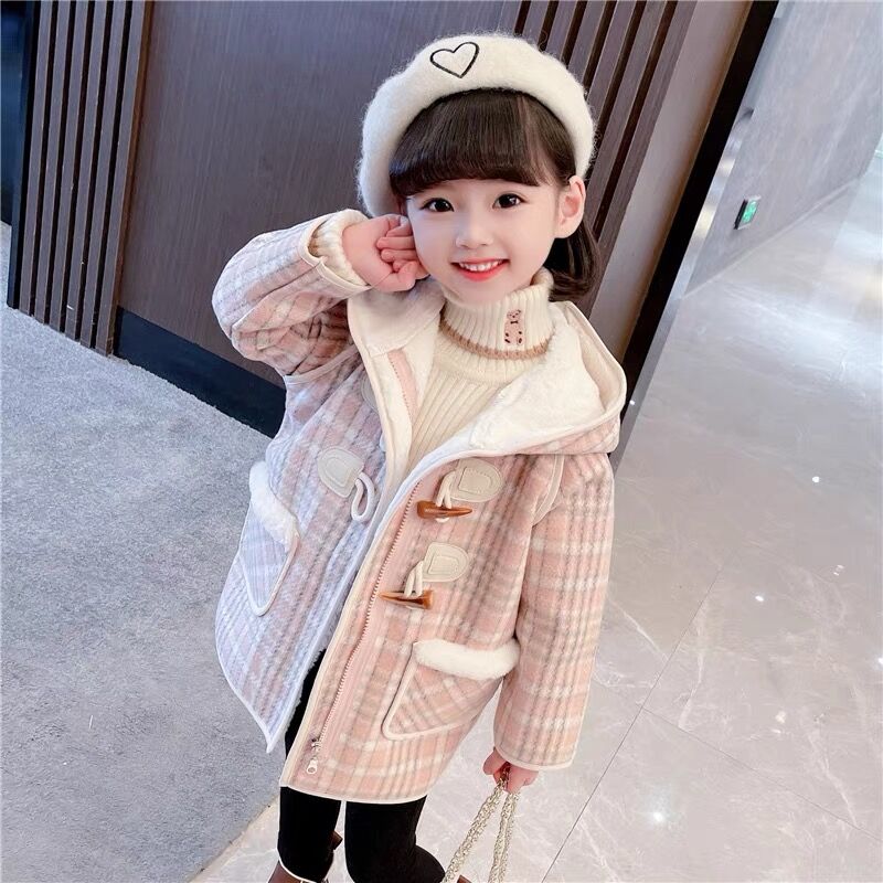 女童外套加绒加厚连帽毛呢大衣