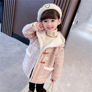 女童外套加绒加厚毛呢大衣秋冬儿童新款中长款羊角扣格子休闲风衣
