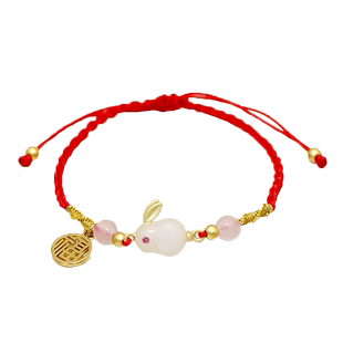 玉兔手链兔年本命年红玛瑙珠编织红绳福牌手饰新年礼物送情侣闺蜜