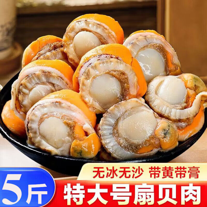 扇贝肉新鲜冷冻带黄超级大号粉丝扇贝黄蚬子鲜活商用海鲜红贝