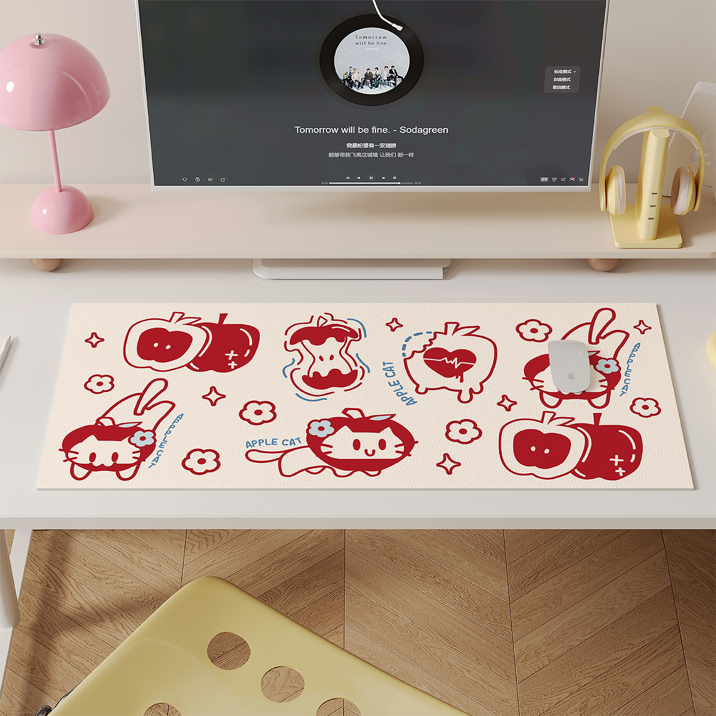 韩式卡通苹果猫书桌垫超大鼠标垫
