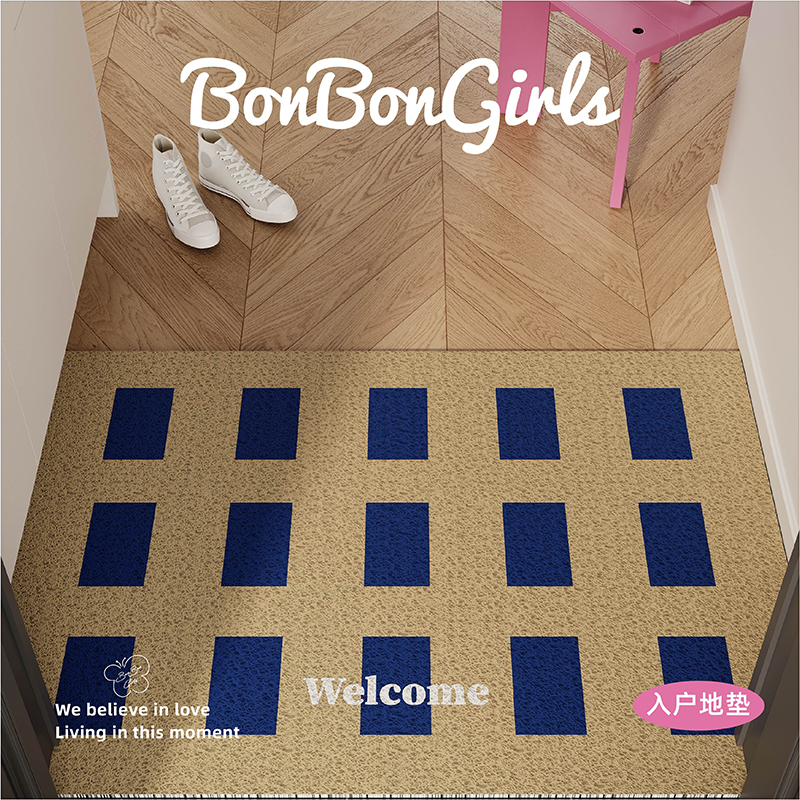 韩式美拉德格子入户地垫门口丝圈防滑耐脏脚垫进门玄关可裁剪地毯