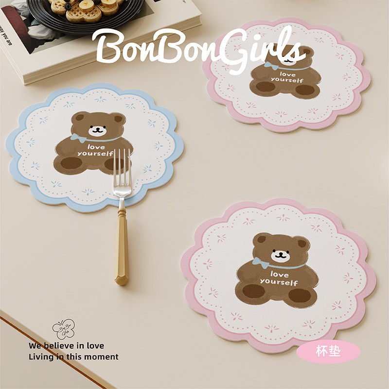 韩系奶油风卡通熊吸水杯垫皮革隔热餐垫咖啡杯茶水碗盘桌面保护垫,居家布艺,餐垫,淘宝优惠券,粉丝福利购,淘宝优惠卷