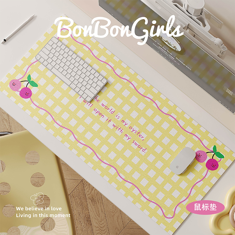 韩式格纹ins超大鼠标垫女生电脑工位书桌垫游戏键盘垫PVC防水防油