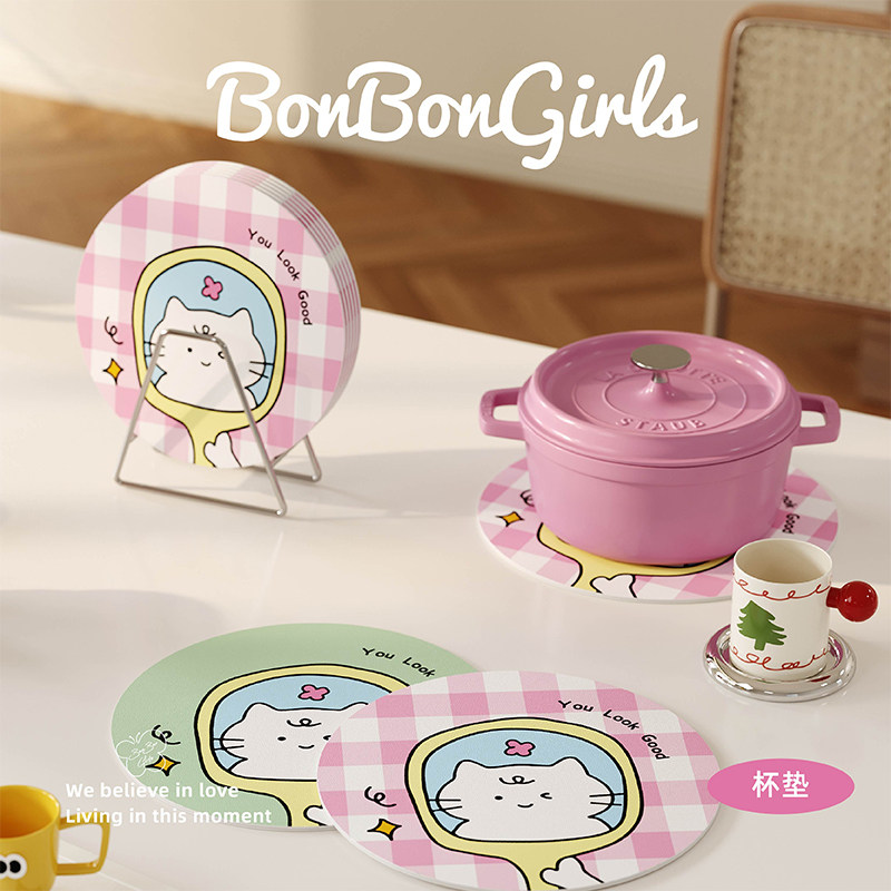 韩式格子小猫可爱吸水杯垫皮革隔热餐垫咖啡杯茶水台面桌面保护垫,居家布艺,餐垫,淘宝优惠券,粉丝福利购,淘宝优惠卷