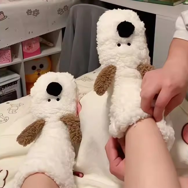 可爱小狗地板袜长筒袜套睡眠袜秋冬加厚防滑女护腿保暖卡通地板袜