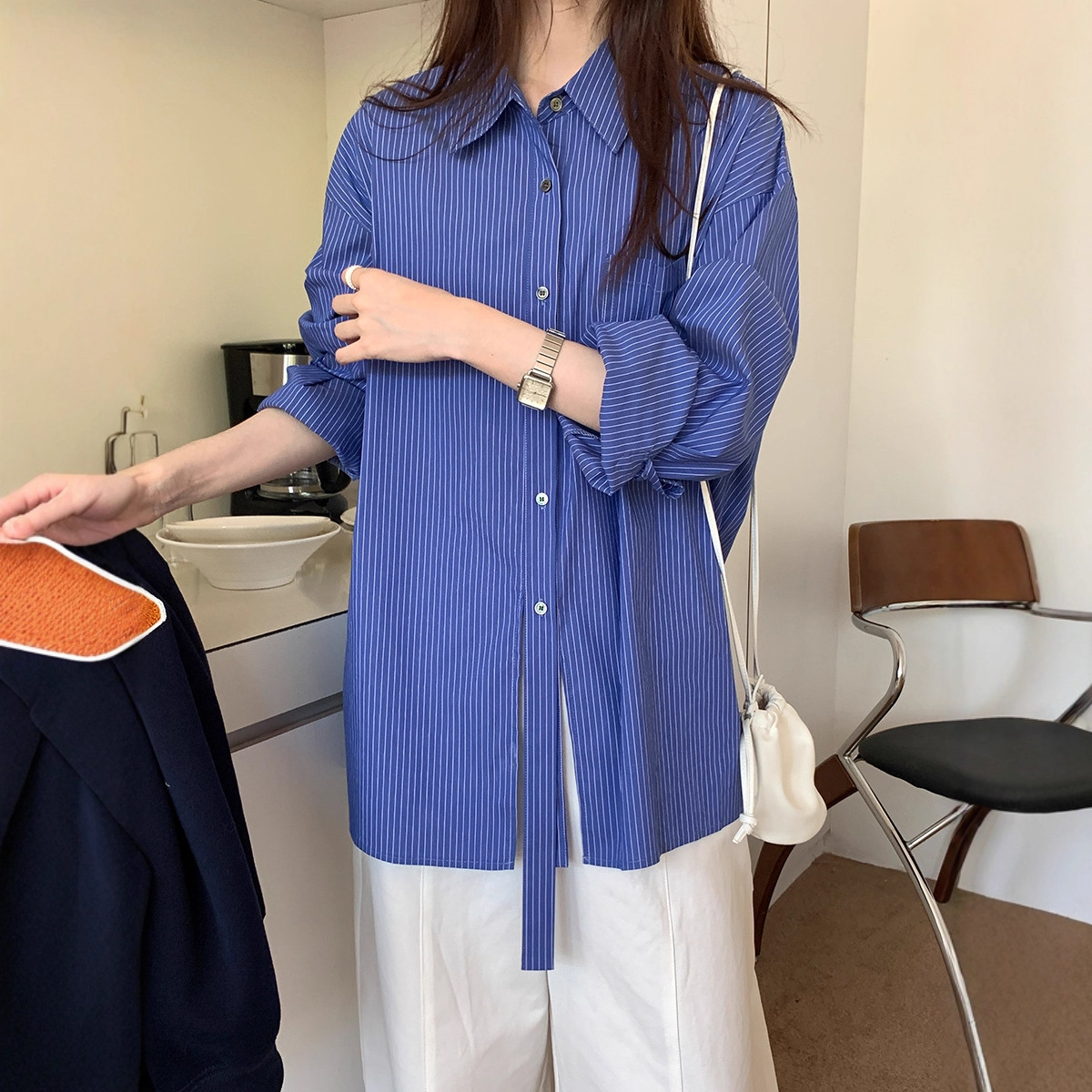 薇颂女装高级感配色条纹衬衫女秋季2025新款慵懒风宽松长袖上衣