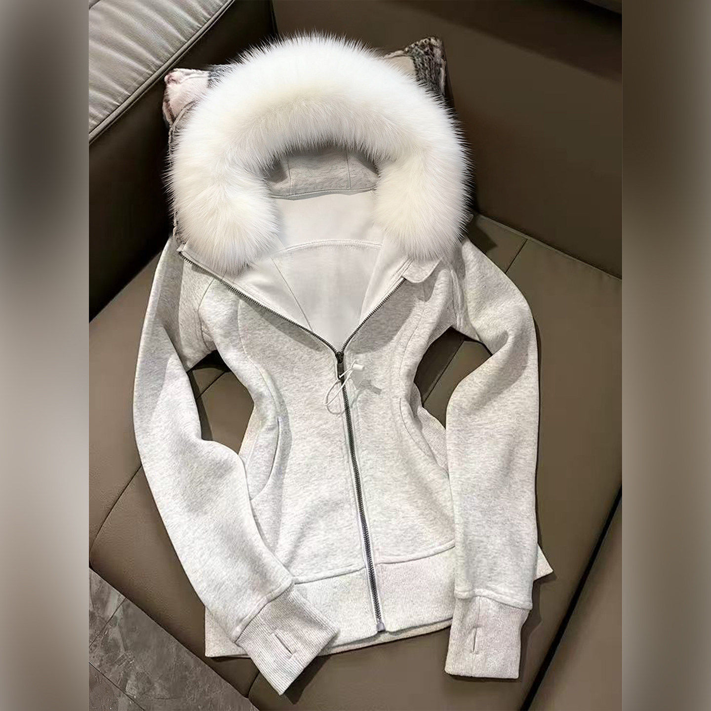 灰色修身卫衣外套女加绒加厚毛领开衫连帽正肩上衣收腰显瘦秋冬季,个性定制/设计服务/DIY,棉服工装,淘宝优惠券,粉丝福利购,淘宝优惠卷