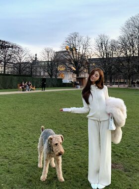 woppei松弛慵懒感定染针织套装女冬季拉链立领开衫休闲舒适直筒裤