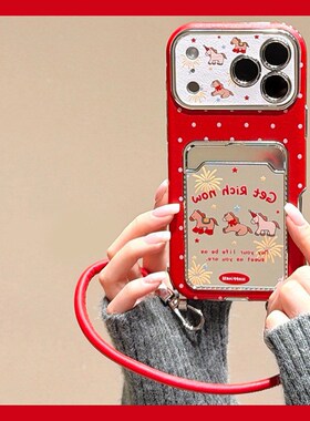 2026红色波点小马适用opporeno14手机壳reon13卡包12手提绳11新年a58x皮纹a57仿皮真我q5i卡通v23马年0ppo软p