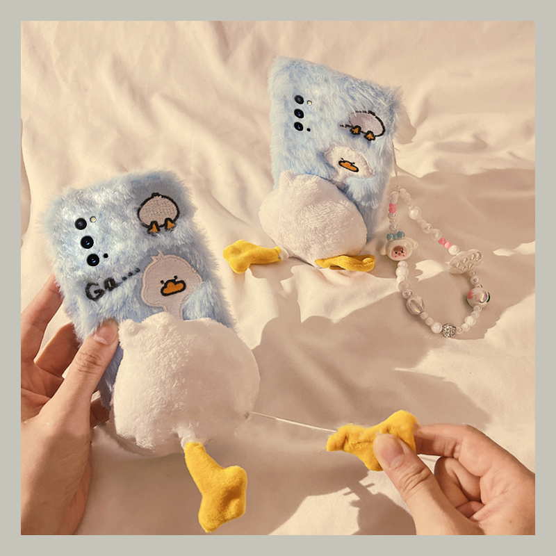 刺绣鸭子适用三星a90手机壳a80可旋转a70s脚丫子a50秋冬季a30立体a20毛绒a10毛茸茸52卡通a8s/galaxy/a53/f52