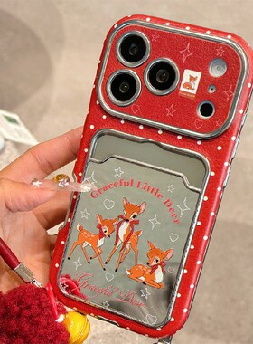 红色波点小鹿适用华为荣耀x60i手机壳play9tpro卡包x50i+可爱十挂绳por新年honor仿皮皮纹卡套卡通硅胶镜面软
