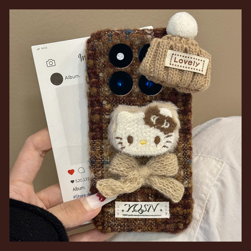 针织帽蝴蝶结kt猫适用小米红米note15pro+手机壳noto14卡通13可爱12turbo+绒布11t秋冬季10毛茸茸9立体8/7por
