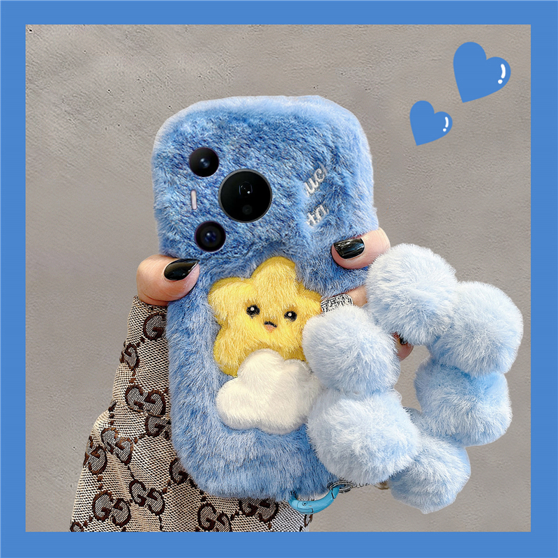 刺绣云朵星星适用华为pura80pro+手机壳pura70ultra毛球p60art挂链40por+十p30秋冬季p20毛绒p10plus卡通硅胶