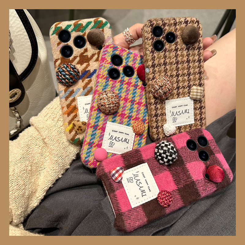 拼色格子纽扣适用苹果17promax手机壳华为pura80荣耀400pro小米15千鸟格vivos30毛茸茸opporeno14秋冬季x200