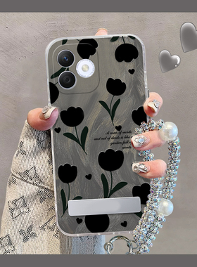 黑色郁金香适用华为荣耀x60i手机壳x50i日韩200立体100支架magic5挂链nova12羽纱70pro+高级感11十90硅胶10se