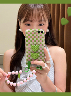 ins风爱心格子适用三星zflip7fe手机壳zfold6立体zflip5绿色w23flip小清新3折叠屏zfold2挂链w22硬w21/galaxy