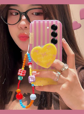撞色条纹适用三星zfold6手机壳zflip5折叠黄色爱心w23立体w21支架w22折叠屏5甜妹4链条3硬壳galaxy手提日韩女