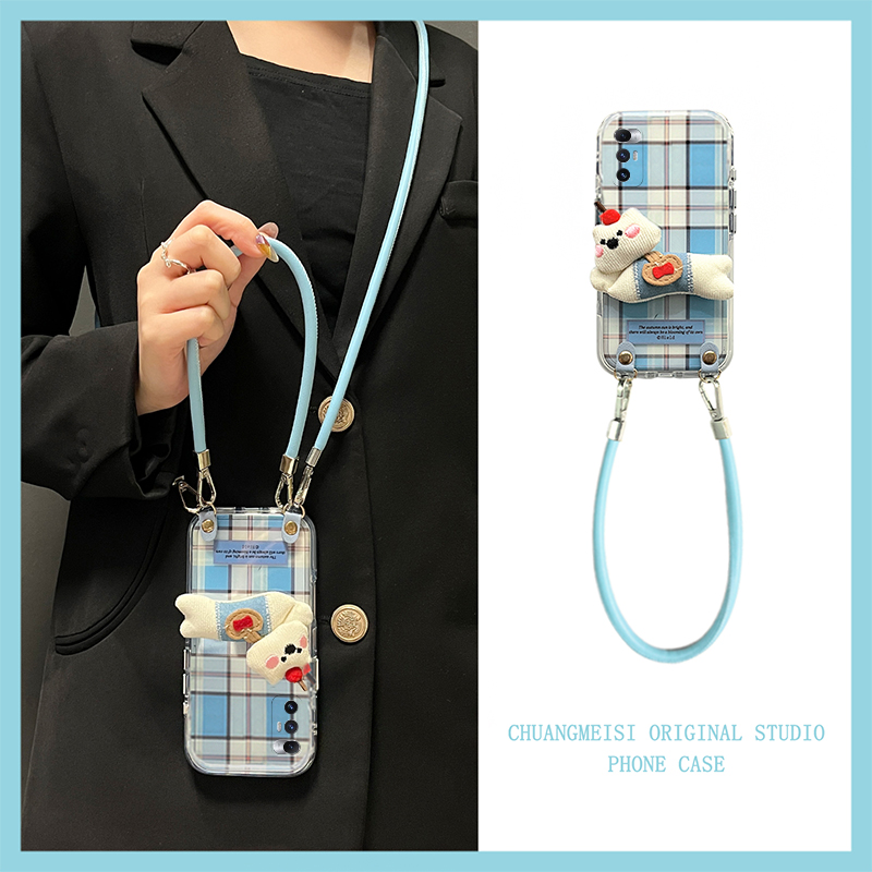 蓝色格子小狗适用小米mixfold4手机壳mixfold3斜挎mixfold2折叠屏mixflip可背带mi秋冬季毛绒毛茸茸可爱卡通