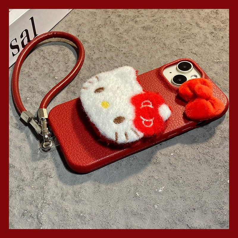 手机壳仿皮皮纹新年红色立体卡通