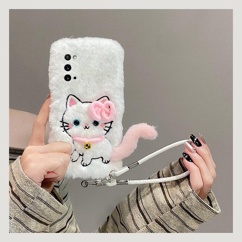 可爱铃铛猫咪适用三星a90手机壳a80斜挎a70s可背带a50秋冬季a30毛绒a20毛茸茸a10挂绳a52/a8s/galaxy/a53/f52