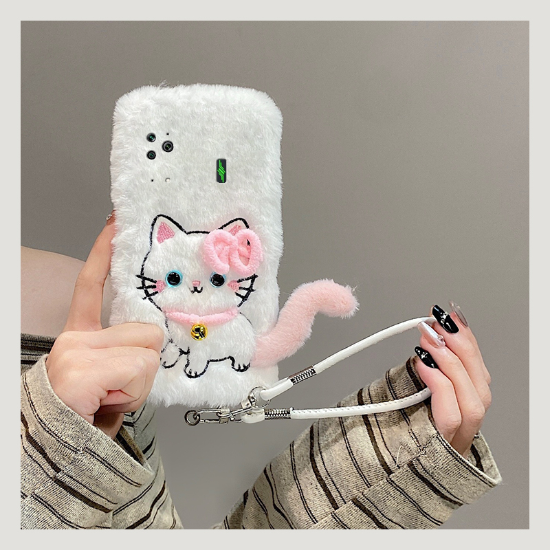 可爱铃铛猫咪适用小米黑鲨5pro手机壳4s斜挎4pro可背带3por秋冬季四五硅胶毛绒毛茸茸全包防摔挂绳绒布卡通软