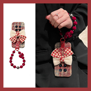 红色格子适用vivox200promini手机壳x100por 可爱x100i挂链100s十100ultra爱酷iqoo12毛绒绒y200i硅胶vivo女p