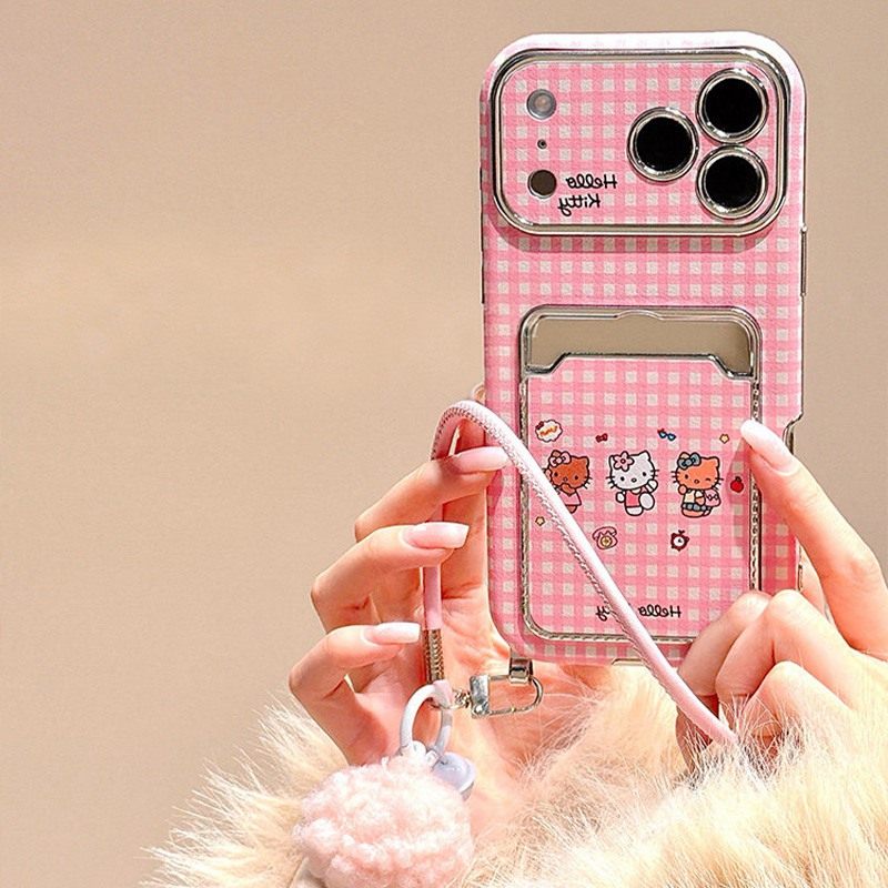 粉色格纹凯蒂猫卡包适用苹果17promax手机壳iphone16plus可爱15卡通14pro立体13卡套12挂绳11少女心por插卡软,3C数码配件,手机保护套/壳,淘宝优惠券,粉丝福利购,淘宝优惠卷