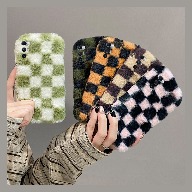 ins风棋盘格格子适用小米mixfold4手机壳mixfold3拼色mixfold2折叠屏mixflip撞色mi秋冬季保暖毛绒毛茸茸冬天
