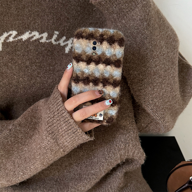 蓝棕撞色条纹kt猫适用oppor17pro手机壳r15x梦境版r11splus贴纸r9s卡通r7plus秋冬季r17毛绒oppo毛茸茸0pp0软