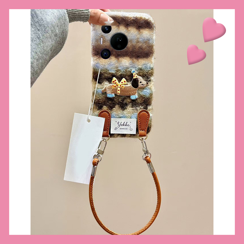 条纹刺绣腊肠狗适用华为pura80pro+手机壳pura70ultra蓝棕p60art挂绳40por+十p30秋冬季p20毛绒p10plus卡通软