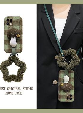 ins风格子蘑菇适用oppofindx9plus手机壳fondx8斜挎x50pro可背k12x秋冬x7毛绒x6por卡通ultra软x5/x3/realme