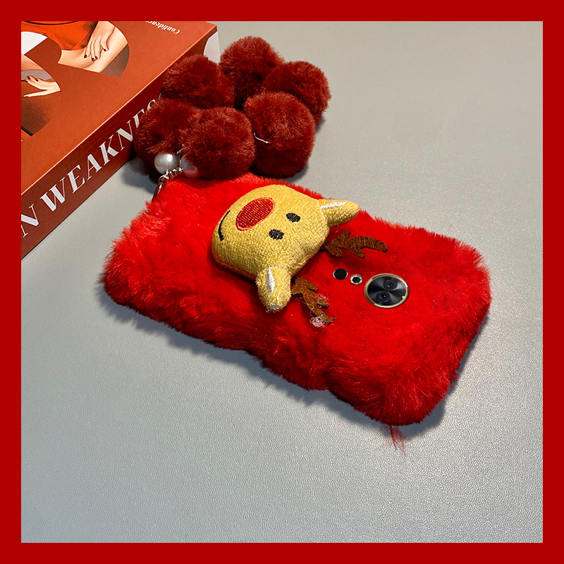 红色圣诞麋鹿适用美图m8机壳m8s毛球t8挂链t8s毛绒t9秋冬季v6毛茸茸硅胶全包防摔卡通新款马年立体喜庆软壳女