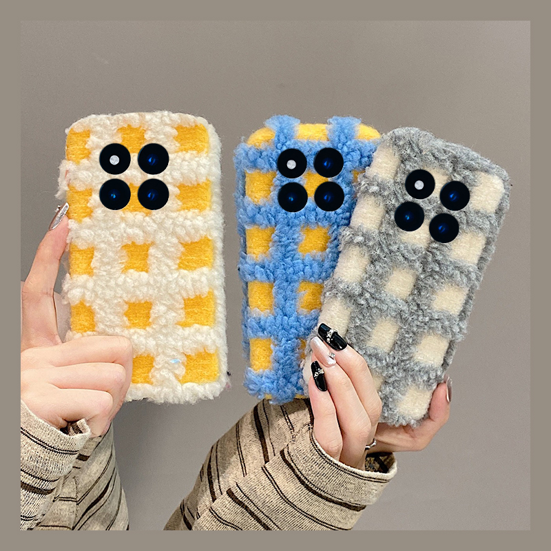 棋盘格泰迪绒适用小米红米note15pro+手机壳noto14拼色13撞色12turbo+秋冬季11t韩系10毛绒绒9硅胶8软壳7por
