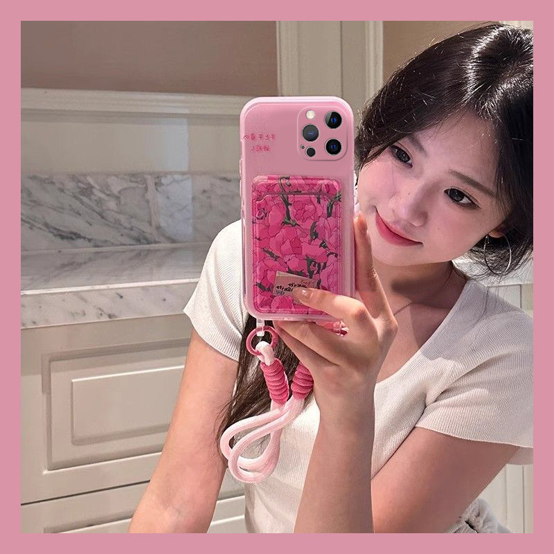 粉色花朵适用苹果15手机壳iphone14碎花13立体12卡包11promax卡套8plus插卡xr挂绳xsmax硅胶7p日韩少女心手提