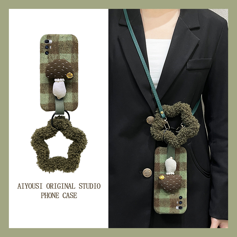 ins风格子蘑菇适用小米mixfold4手机壳mixfold3斜挎mixfold2折叠屏mixflip手环mi秋冬季毛绒毛茸茸可背挂绳硬