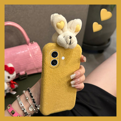 可爱兔子适用苹果16pro手机壳iphone15立体14绒布13日韩12毛茸茸11promax秋冬季8plus女xr毛绒绒xsmax硅胶7p
