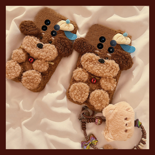 可爱棕色小狗适用vivoxfold3pro手机壳xfold2铃铛xflip挂绳vivo秋冬季vovo折叠屏毛茸茸vivi呆萌+十毛绒硬壳