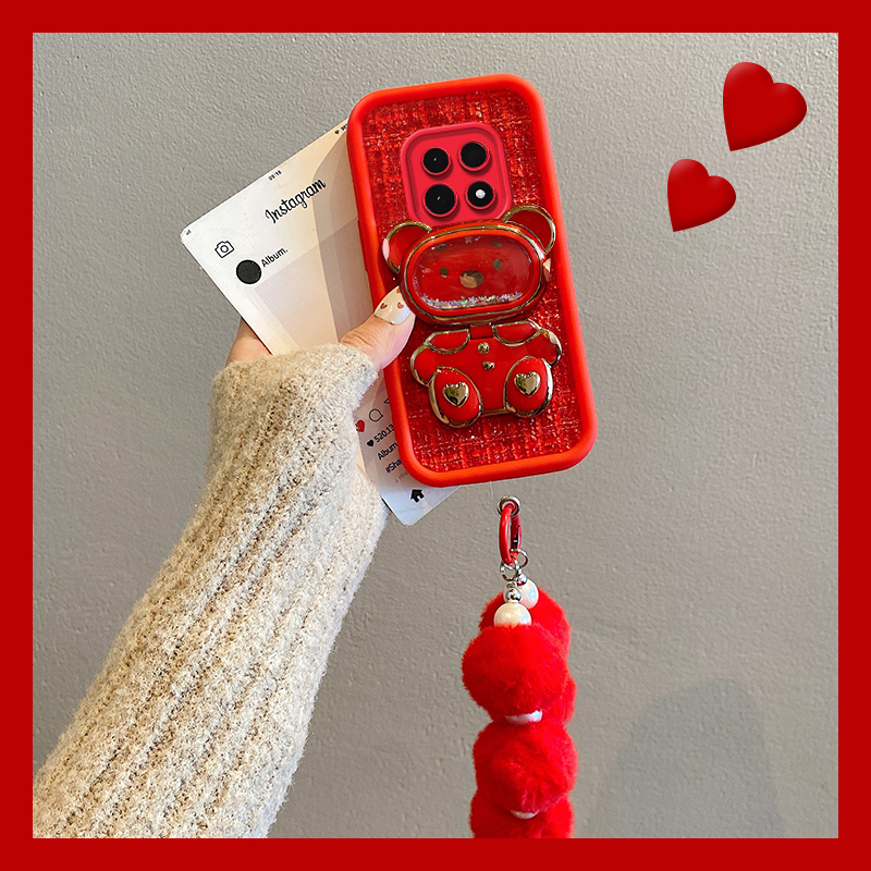 小香风小熊支架适用小米红米note14pro+手机壳noto13新年12毛球11turbo十11tpro挂链10绒布9日韩8红色4g/5g软