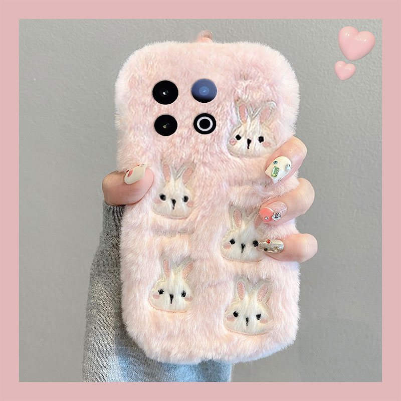 粉色刺绣兔子适用vivoiqooz10x手机壳iqooz9turbo可爱z8x卡通z7i秋冬季z6x毛绒z5手环5x爱酷u3x保暖iq00/vivo