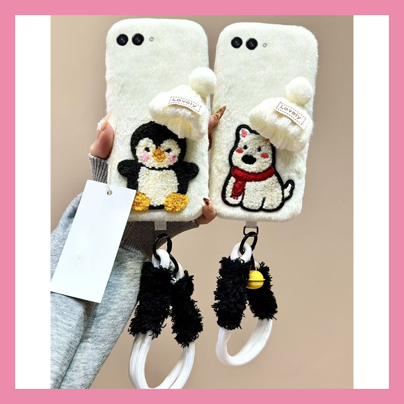 刺绣帽子企鹅小狗适用三星zflip7fe手机壳zfold6铃铛zflip5挂绳w23flip秋冬3折叠屏zfold2毛绒w22/w21/galaxy