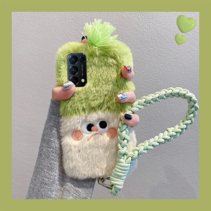 毛绒可爱表情适用opporeno4手机壳reno3pro毛茸茸3元气版5k秋冬毛毛5+十5g卡通oppo手提带挂绳硅胶软壳超萌女