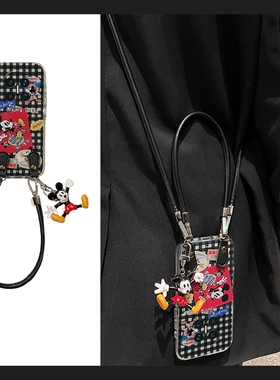 黑色格子米奇适用华为matex7手机壳metax7典藏版挂绳折叠屏挂件七卡通折叠斜挎huawei可背全包防摔可爱硬壳女